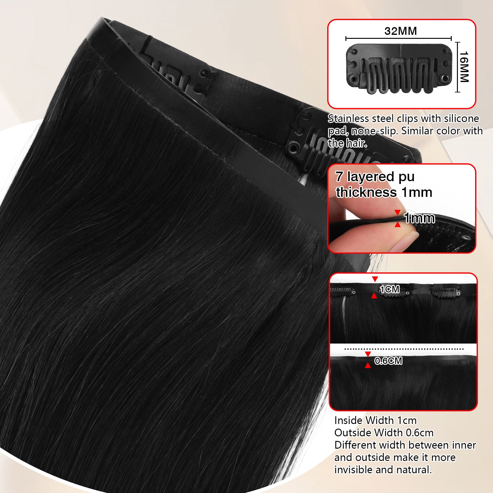 PU Clip In Hair Extensions 1# 120g 14inch