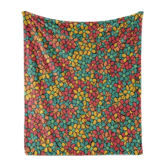 Gerber Daisy Soft Flannel Fleece Blanket, Retro Colored Doodle Style Blossoms Groovy Hippie Concept Peace and Love Theme, Cozy Plush for Indoor and Outdoor Use, 50" x 70", Multicolor, by Ambesonne