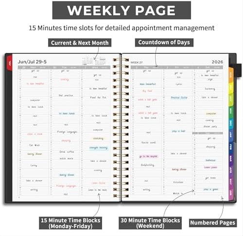 Quivanta 2026-2027 Appointment Book, A4 15-Minute Hourly Planner, July 2026 - June 2027, Academic Planner Weekly and Monthly, 100GSM Thick Paper, Flexible Cover, Note Pages, Colorful Tabs, Black