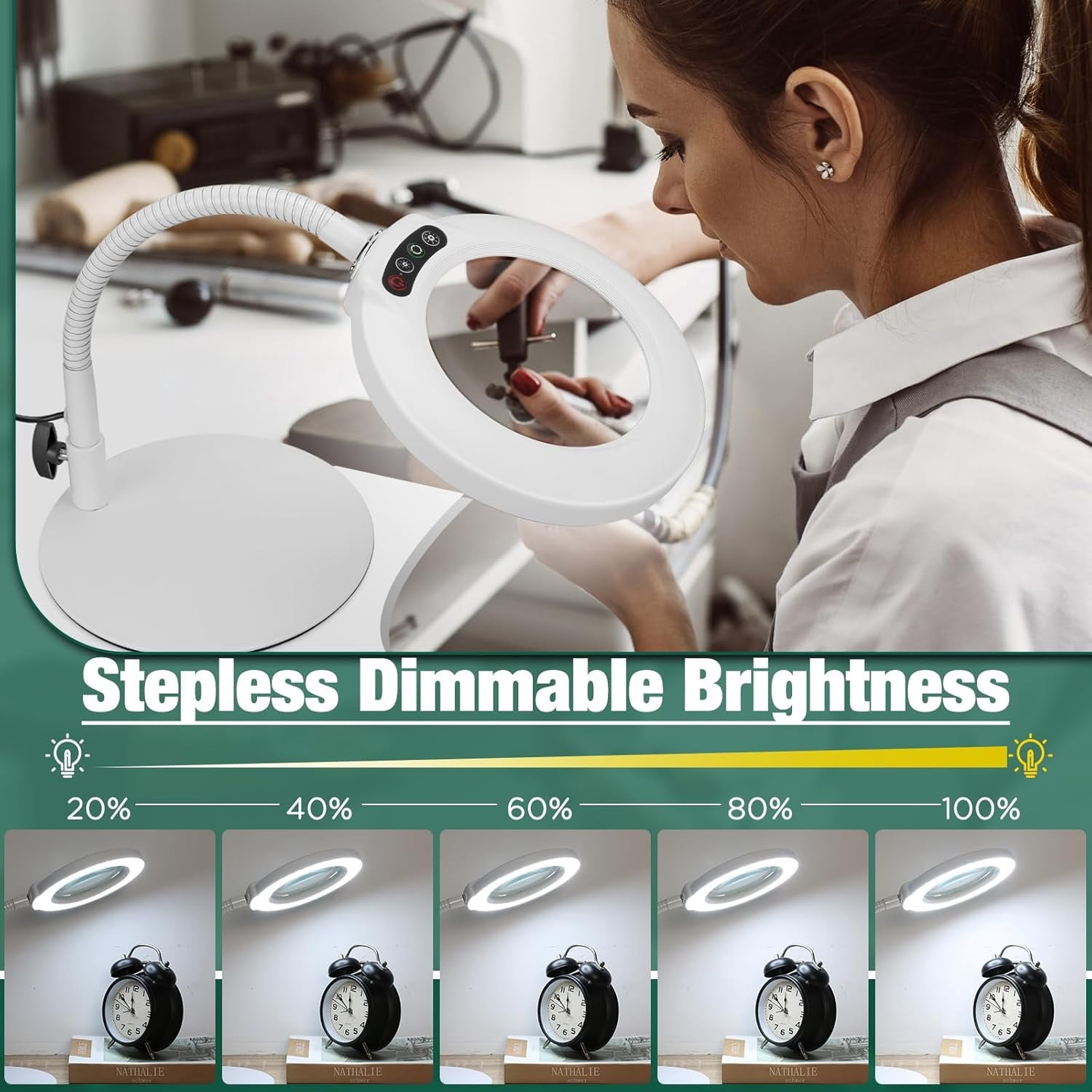 Veemagni Magnifying Glass with Light and Stand, 5 Color Modes Stepless Dimmable LED Lighted Desk Lamp, Hands Free Flexible Gooseneck Magnifier with Light for Craft Hobby Painting Close Work - White