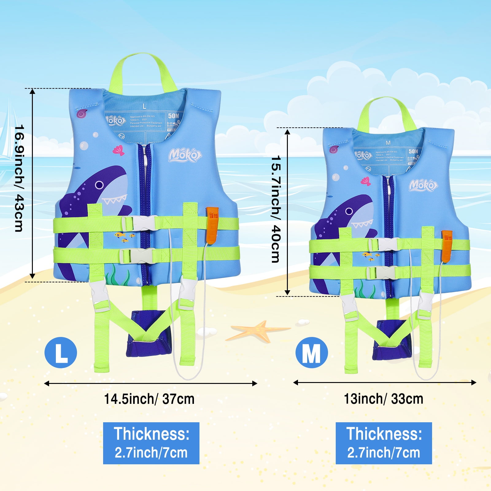 MoKo Kids Swim Vest for Boys Girls, Swimming Training Life Float Jacket Swimsuit for 46-77 lbs, L Size,Blue Shark
