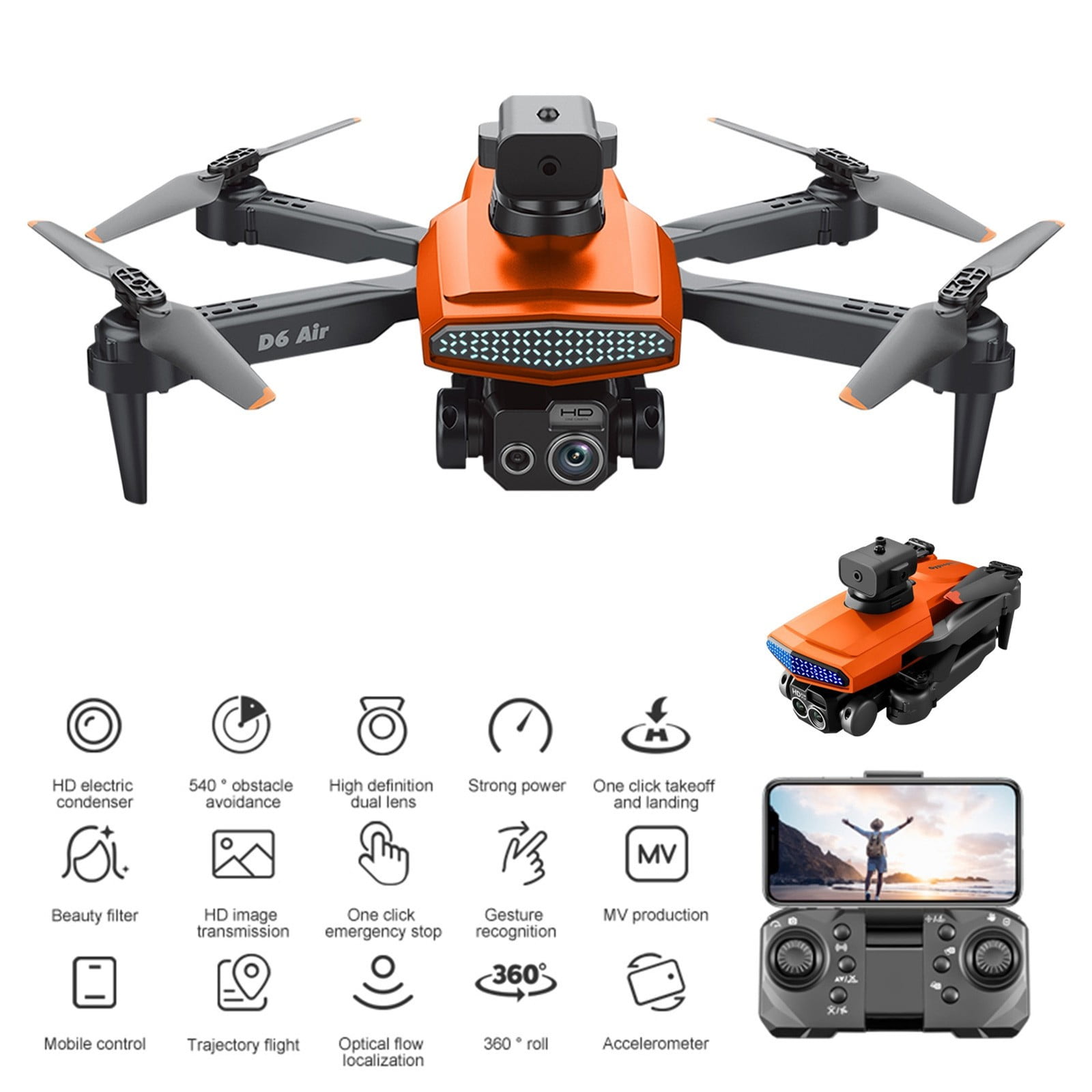 Drone with 4K Dual Camera, Electronic Image Stabilization & Obstacle Avoidance, Gesture Control & One-Key Return with 2 Batteries for Extended Flight, for Beginners and Teenagers