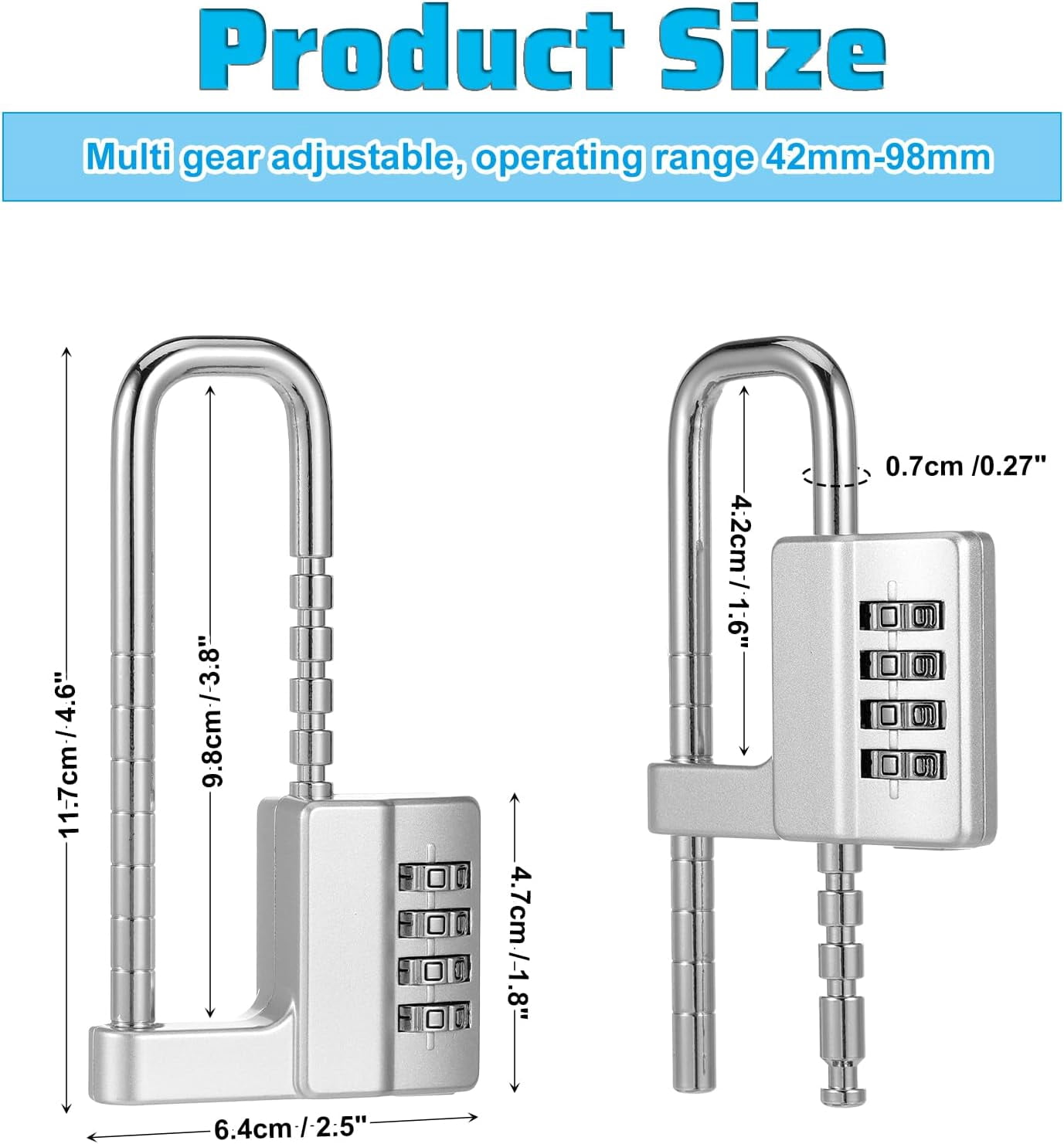 ABCISI 2Pcs 4Digit Combination Cabinet Lock U Shaped Code, Stainless Steel Adjustable Padlock with Code, Waterproof Metal Long Shackle Lock Retractable for Outdoor College Fences Sports Locker Gym