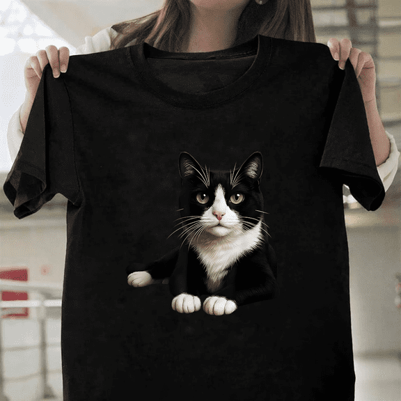 Tuxedo Cat Green Eyes Artistic Feline Portrait Graphic Unisex T-Shirt, up to size 3XL.
