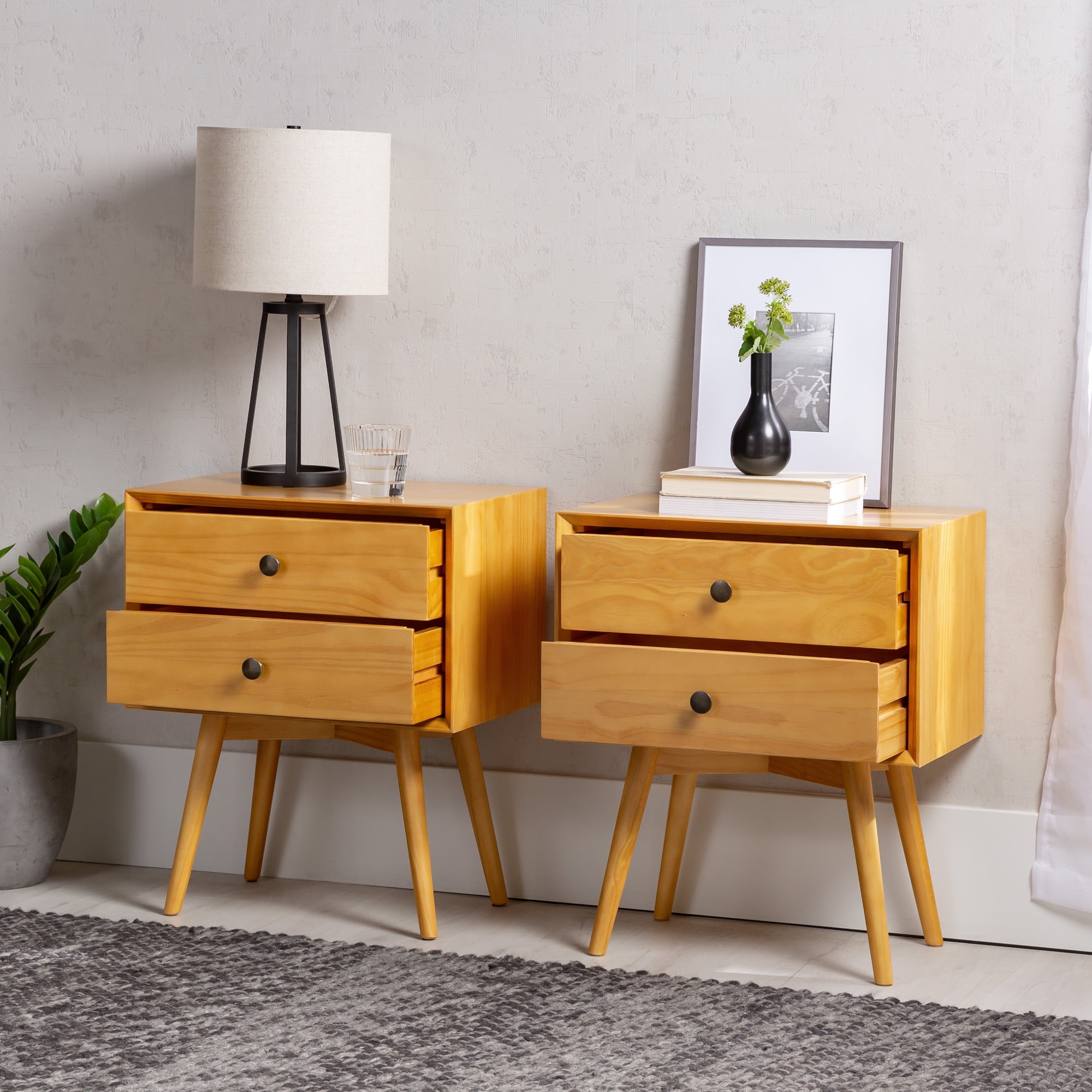 Walker Edison Mid Century Modern 2 Drawer Nightstand, Set of 2, Light Oak