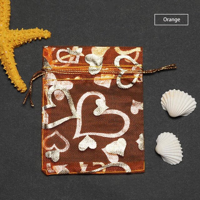 Bolsa de Organza de corazón de amor dorado, 50 piezas, regalo de gasa de boda, bolsas de Navidad, embalaje de joyería, 7x9cm, 9x12cm, 11x16cm, 13x18cm
