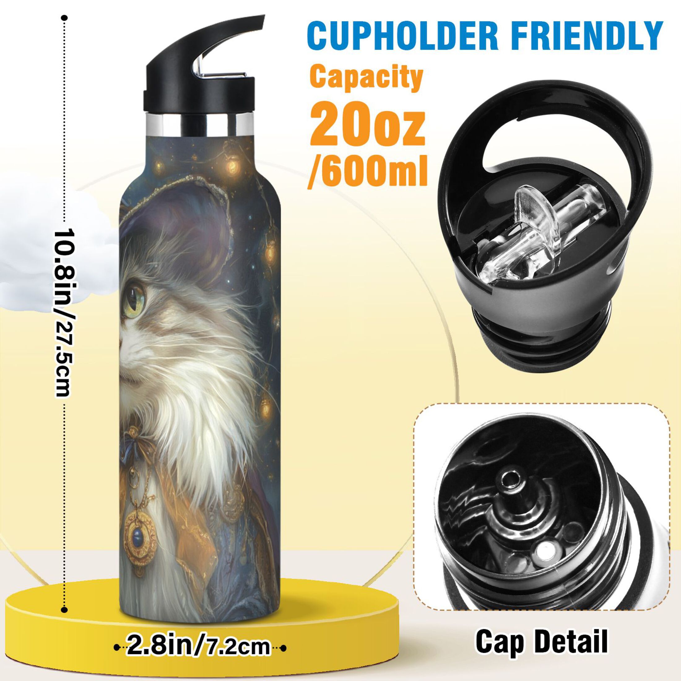 600ML Stainless Steel Insulated Cup Sports Water Bottle Portable Thermos Cup Water Glasses Insulated Tumblers Convenient and Durable Magical Cartoon Cat