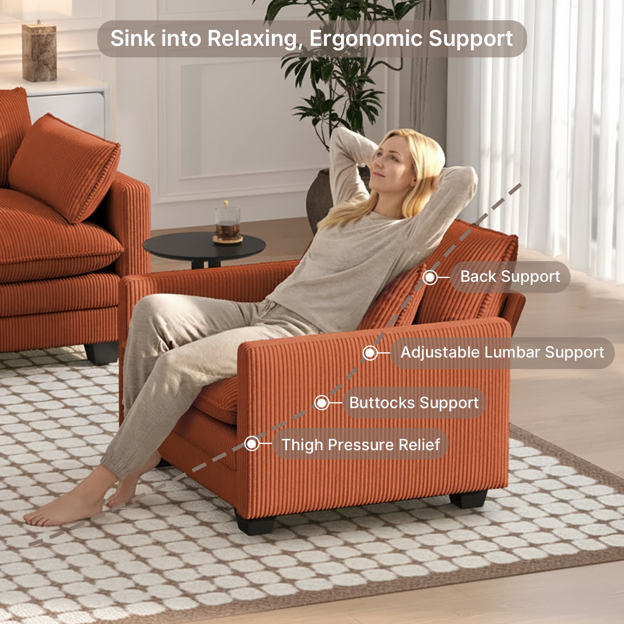 Cloud Corduroy Accent Chair, Deep Memory Foam Seat with Washable Zipper Cover & Arm Pillow, Modern Leisure Single Sofa for Living Room Bedroom Balcony, Orange