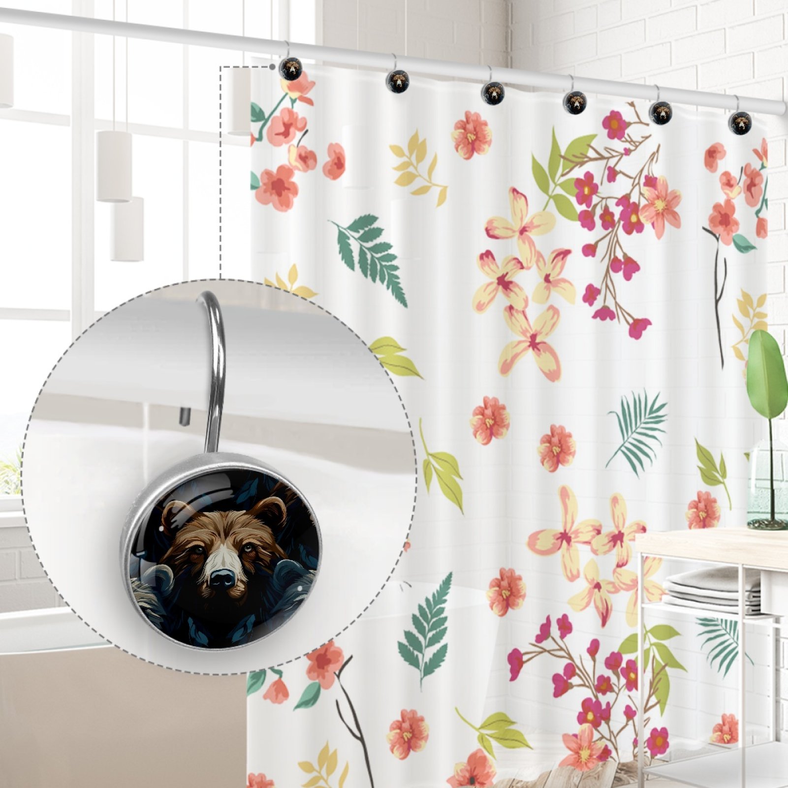 HemaKayy 12 Pcs Decorative Shower Curtain Hooks - Stainless Steel Rings for Bathroom Decor - Easy Glide & Secure Hold - Perfect Decoration for Bathroom Shower Rods - Animal Bear