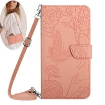 Dteck Crossbody Wallet Phone Case for iPhone XR,PU Leather Butterfly Embossed Magnetic Folio Flip Stand Cover with Shoulder Strap Lanyard Wristlet for iPhone XR,Pink