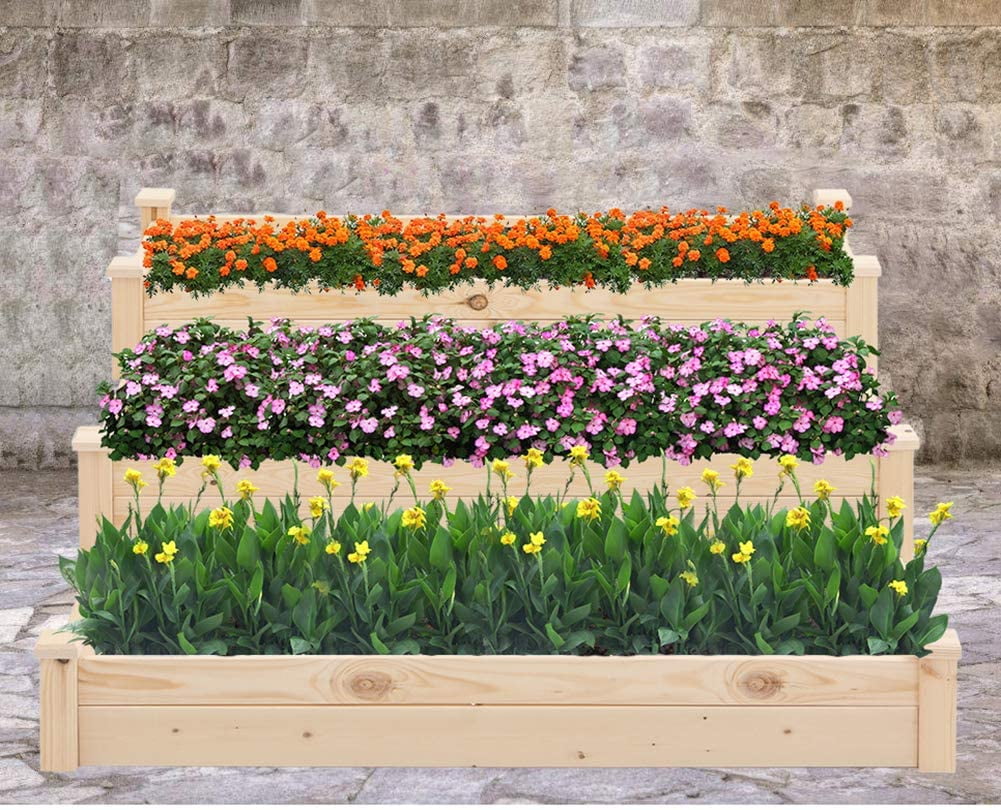 4 ft. x 4 ft. 3-Tier Wooden Raised Garden Bed Planter Kit for Plants,  Vegetables, Outdoor Gardening - Acorn Brown