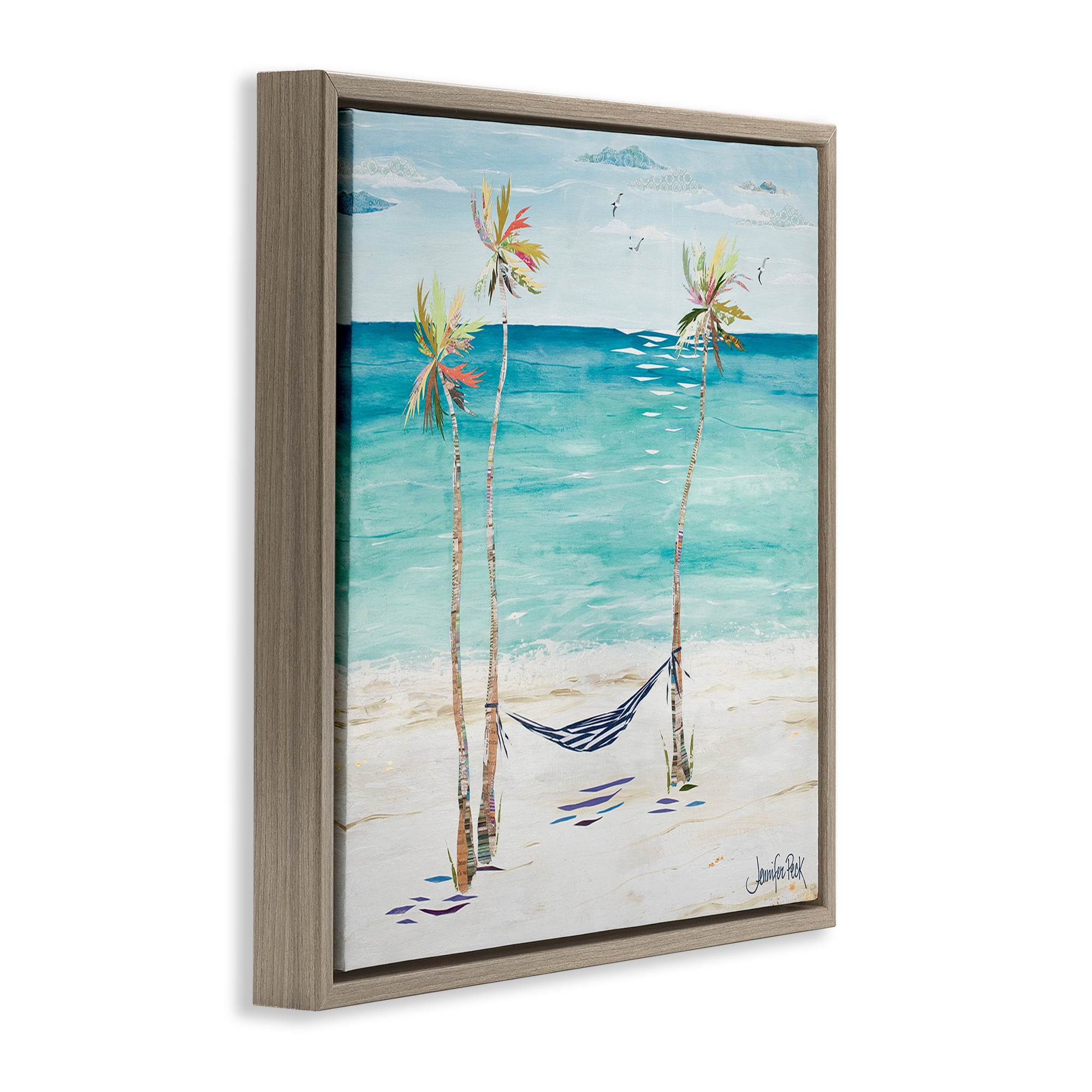 Stupell Industries Hammock & Three Palms Coastal Painting Brown Floater Framed Canvas Art Print Wall Art, 25 x 25