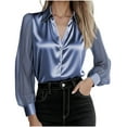 thumbnail image 2 of Lenpel Satin Silk Blouses for Women Mesh Long Sleeve Collared Button down Shirts Business Casual Tops Dressy Work Tops(Blue,X-Large), 2 of 6