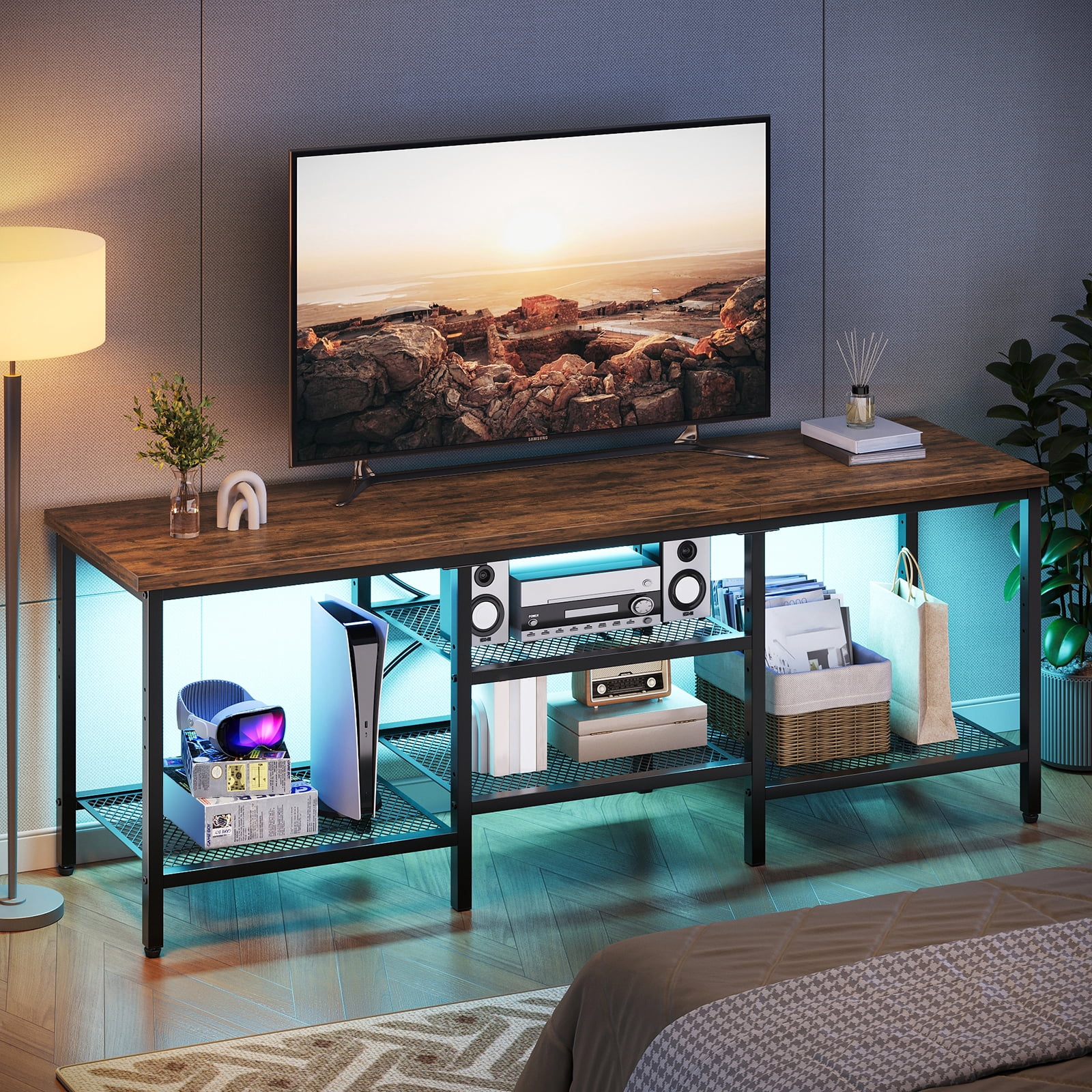 Pinmoco 63" TV Stand for TVs up to 70 Inch, LED Light Entertainment Center with Open Storage Shelves, TV Media Console Table for Living Room, Bedroom, Rustic