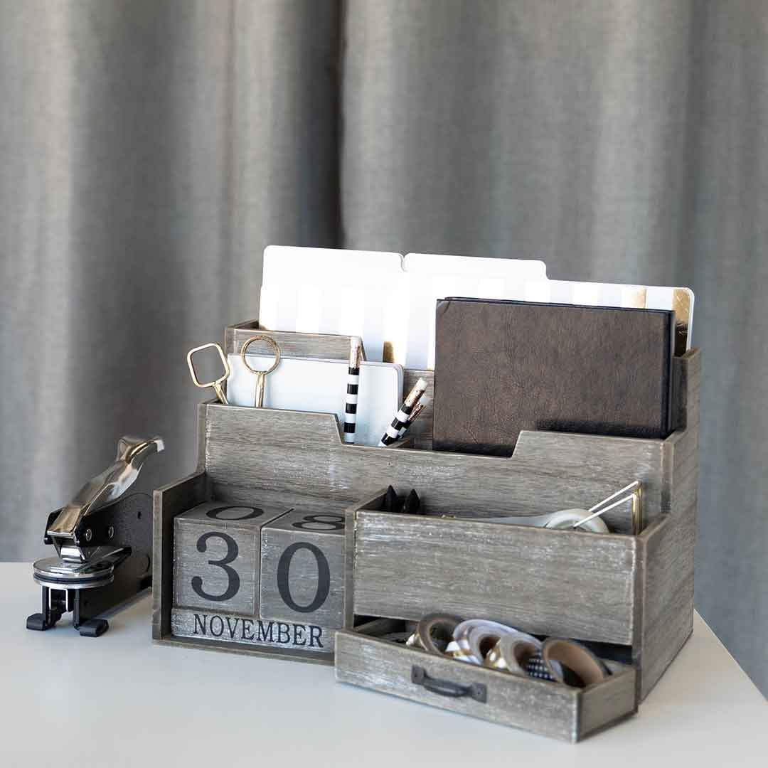 Gray Wooden Desktop Mail Organizer with Perpetual Calendar