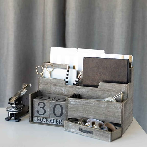 Blu Monaco Dark Wooden Desktop Mail Organizer with Block Calendar