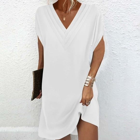Under 10,Women's Solid Color Short Sleeved V-Neck Pleated Batwing Sleeve Dress,Pleated Dress, V-Neck Dress, Short Sleeved Dress Sleek Fit|95%Polyester,5%Spandex,White,Sopatenor