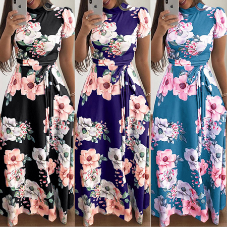 Summer Maxi Dresses for Women, Short Sleeve Vintage Beach Sundresses Floral Tunic Boho Wedding Party