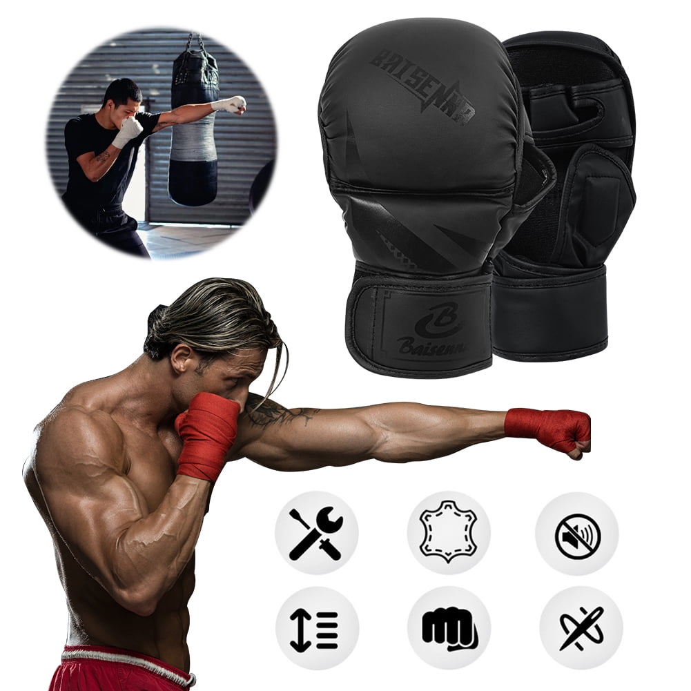 Half Finger Boxing Gloves Thickened Heavy Punching Bag Gloves Exercise Training PU Leather Sponge Gym Mitts Gloves(Children Black)