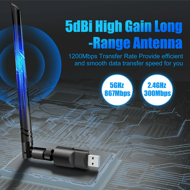 Adaptador WiFi USB AC1200 - Antena dual de alta ganancia 802.11ac/a/b/g/n  para Windows, Mac - Banda dual 2.4GHz/300Mbps 5GHz/867Mbps