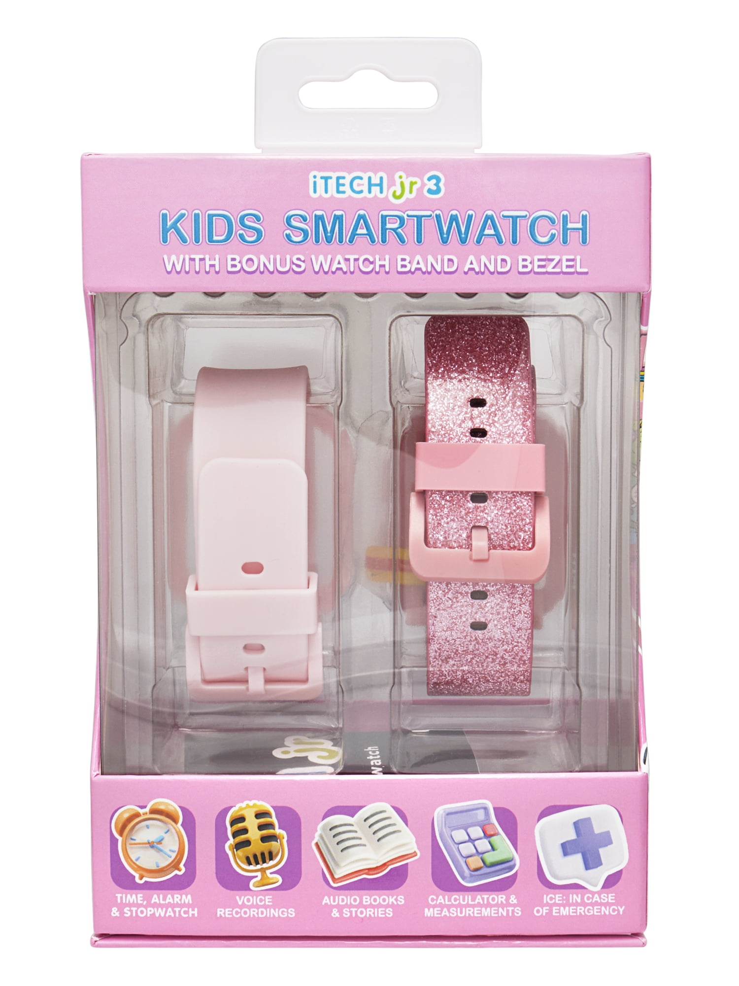 Itech Junior Kids Girls Pink Glitter Bluetooth Enabled Smartwatch with Interchangeable Straps and Bezels