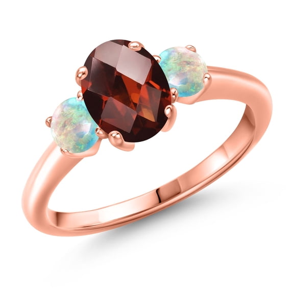 Gem Stone King 2.03 Ct Oval Checkerboard Red Garnet White Simulated Opal 18K Rose Gold Plated Silver Ring (Size 8)