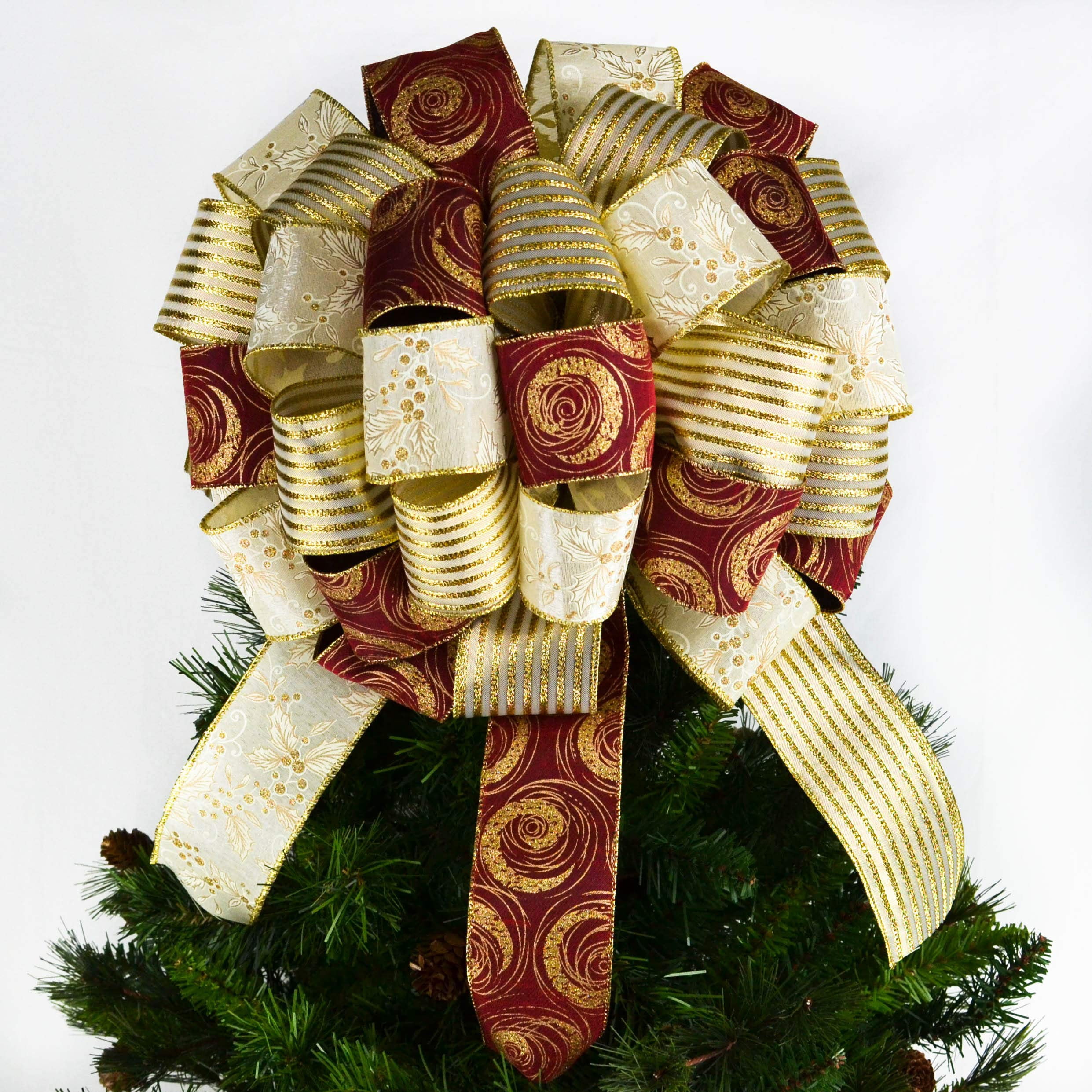 Burgundy Christmas Wreath - Traditional Christmas Decorations Maroon Mesh Holiday Door Decor - Gold Ivory Cream