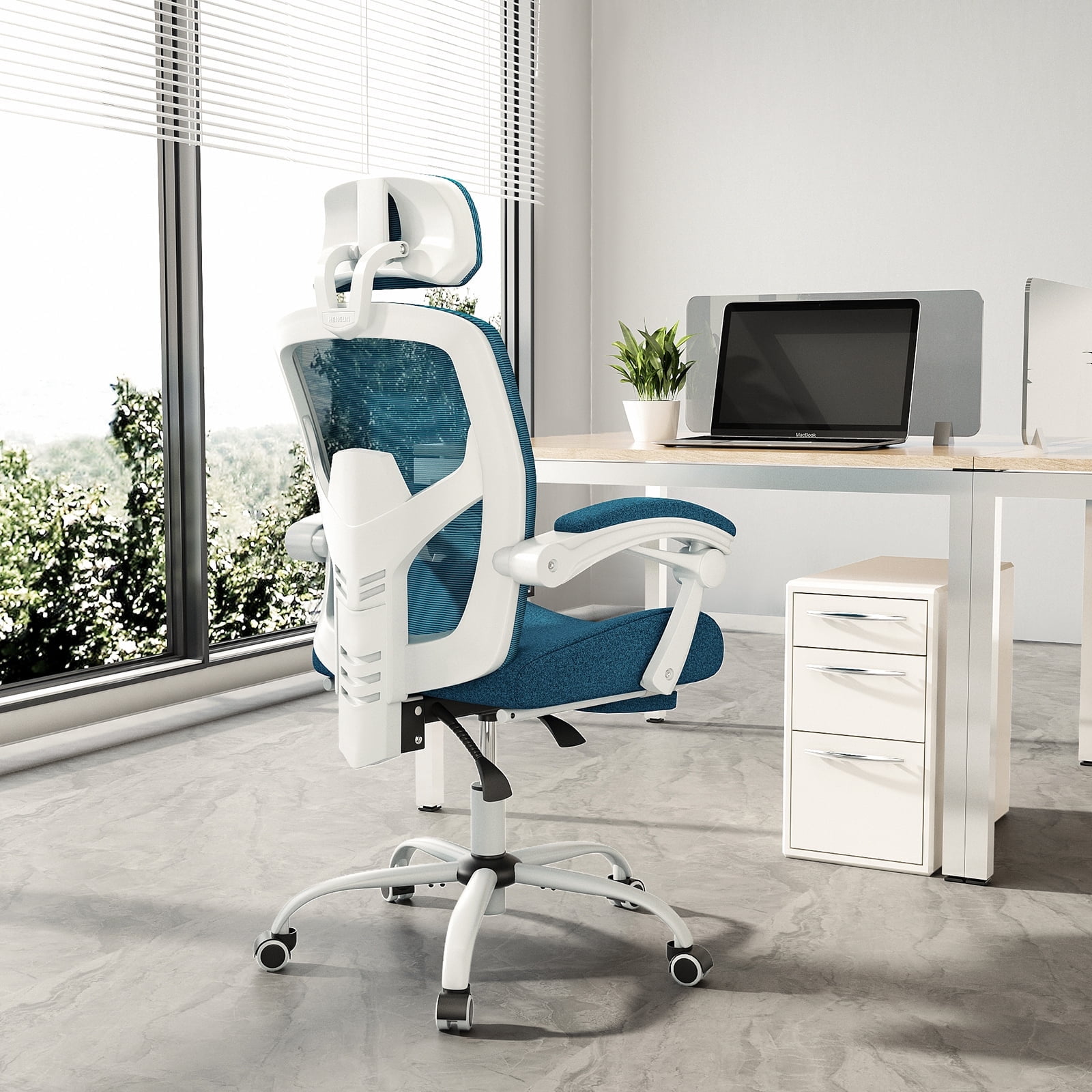 EDX Ergonomic Office Chair - High Back Mesh, Reclining with Lumbar Support, Adjustable Headrest, Footrest & Padded Arms, Blue