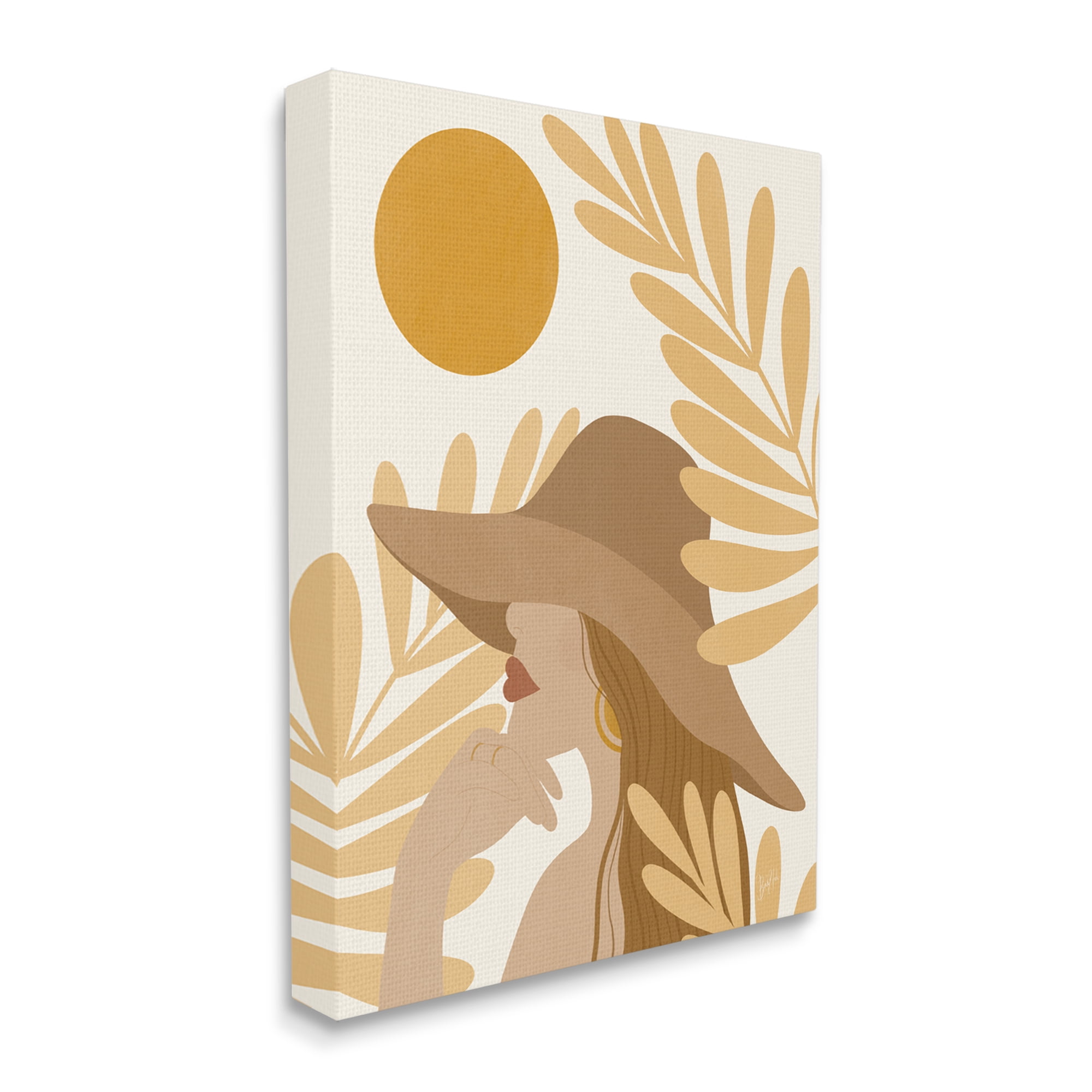 Stupell Industries Woman in Hat Warm Yellow Cutout Leaf Shapes Graphic Art Gallery Wrapped Canvas Print Wall Art, Design by Birch&Ink
