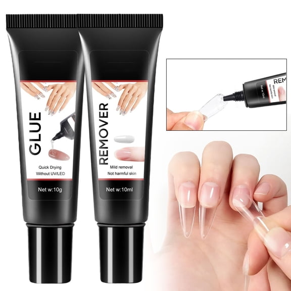 Quick Drying Nail Glue Kit - 10g Semi Solid Glue with 10ml Remover, No Lamp Needed, Long Lasting, Easy Application, Drip-Proof Formula, Press-On Nail Adhesive, Acrylic Nail Tips, Makeup Organizers
