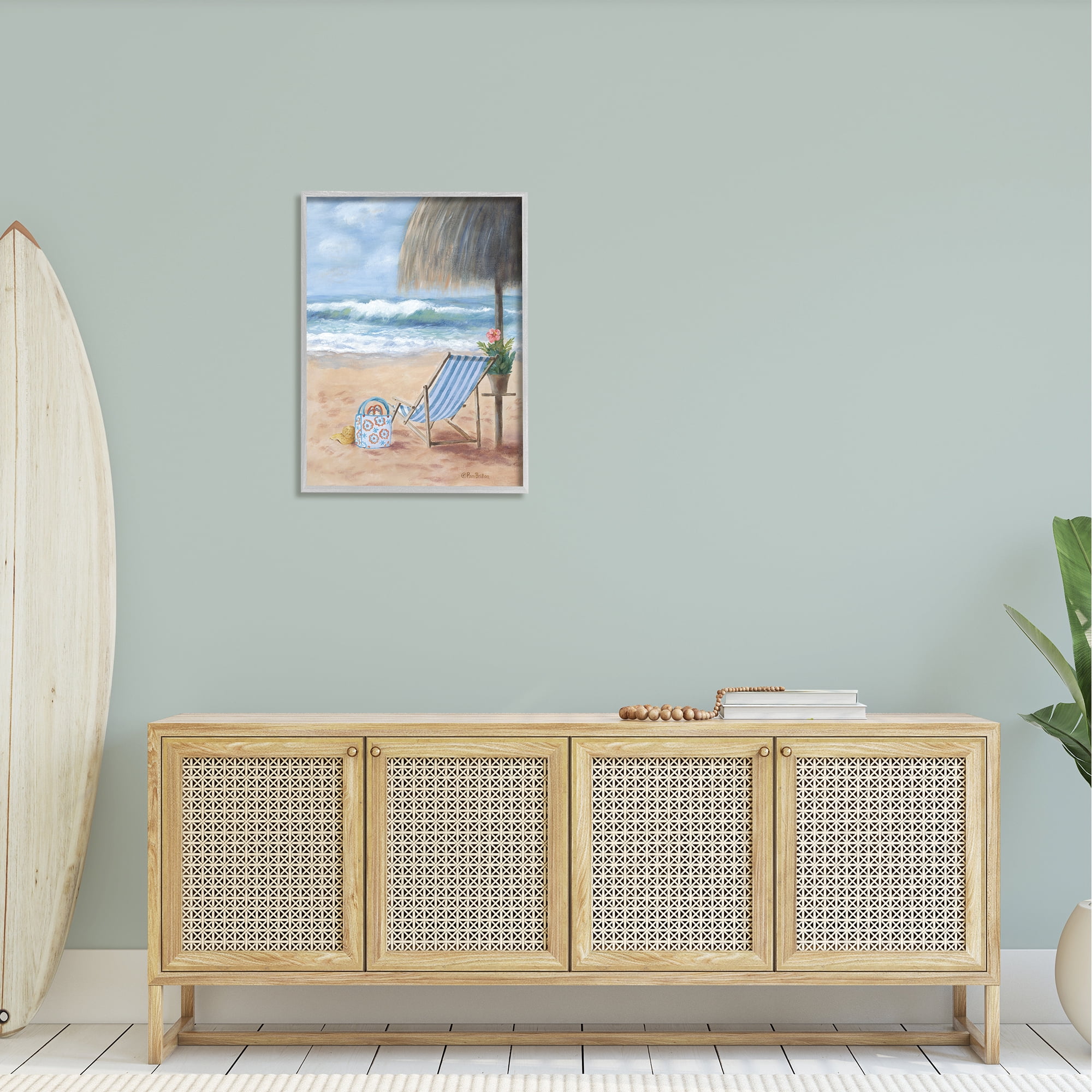 Stupell Beach Chair Tropical Relaxing Vacation Landscape Painting Gray Framed Art Print Wall Art
