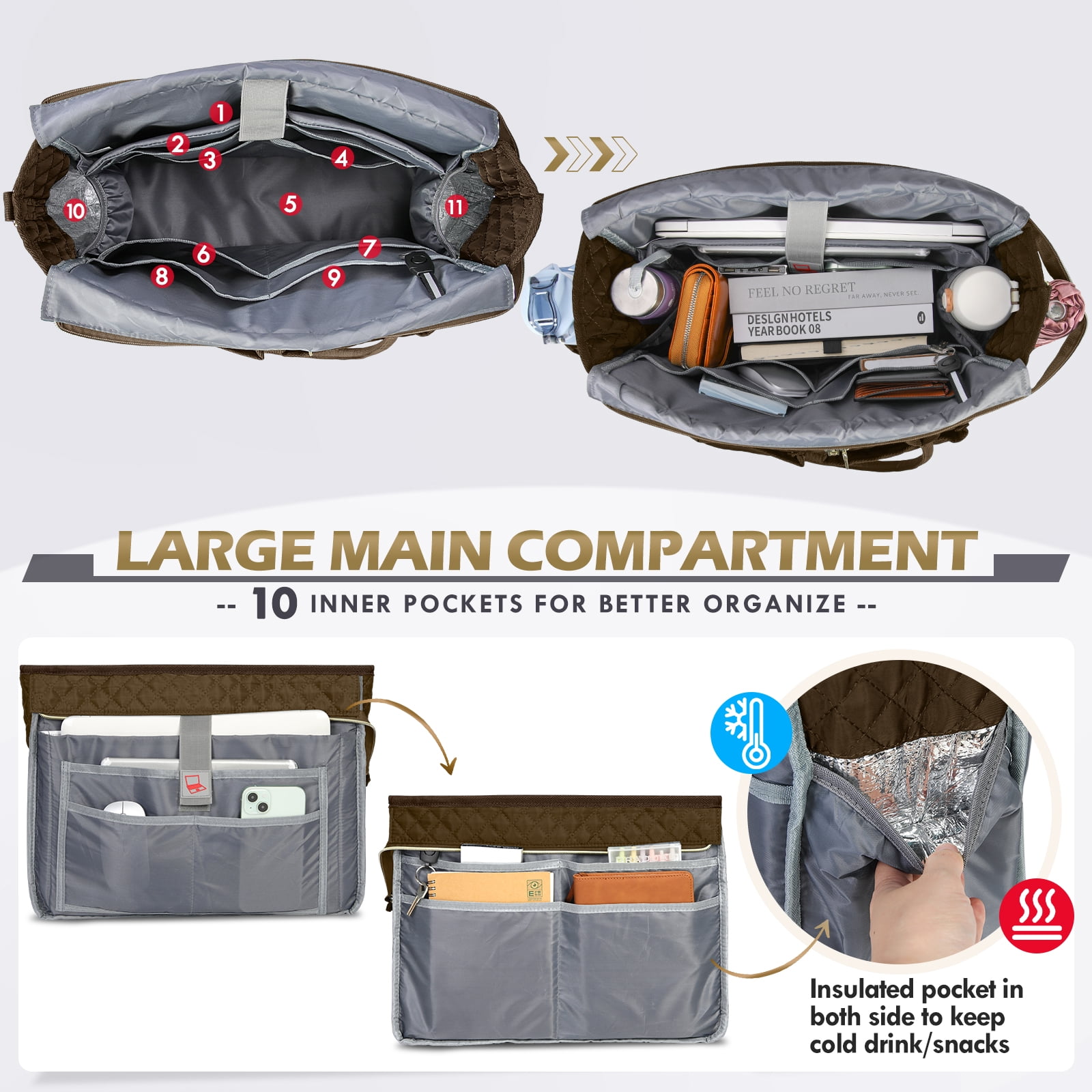 RAINSMORE Teacher Tote Bag 15.6 inch Laptop Bag for Women College Laptop Briefcase for Work Office Nurse Bag Professional Computer Messenger with Insulated Pocket,Coffee