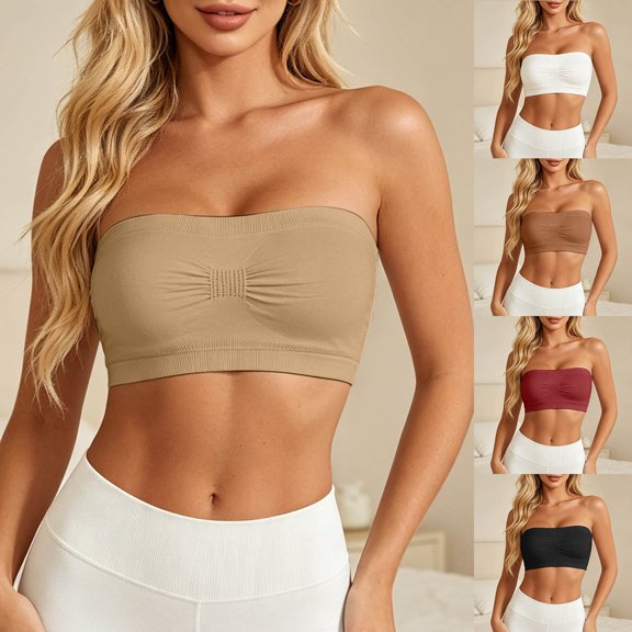 Luvior Women's Summer Knit Bandeau Top Wireless Strapless Bra Ruched Front Breathable Tube Top Khaki S