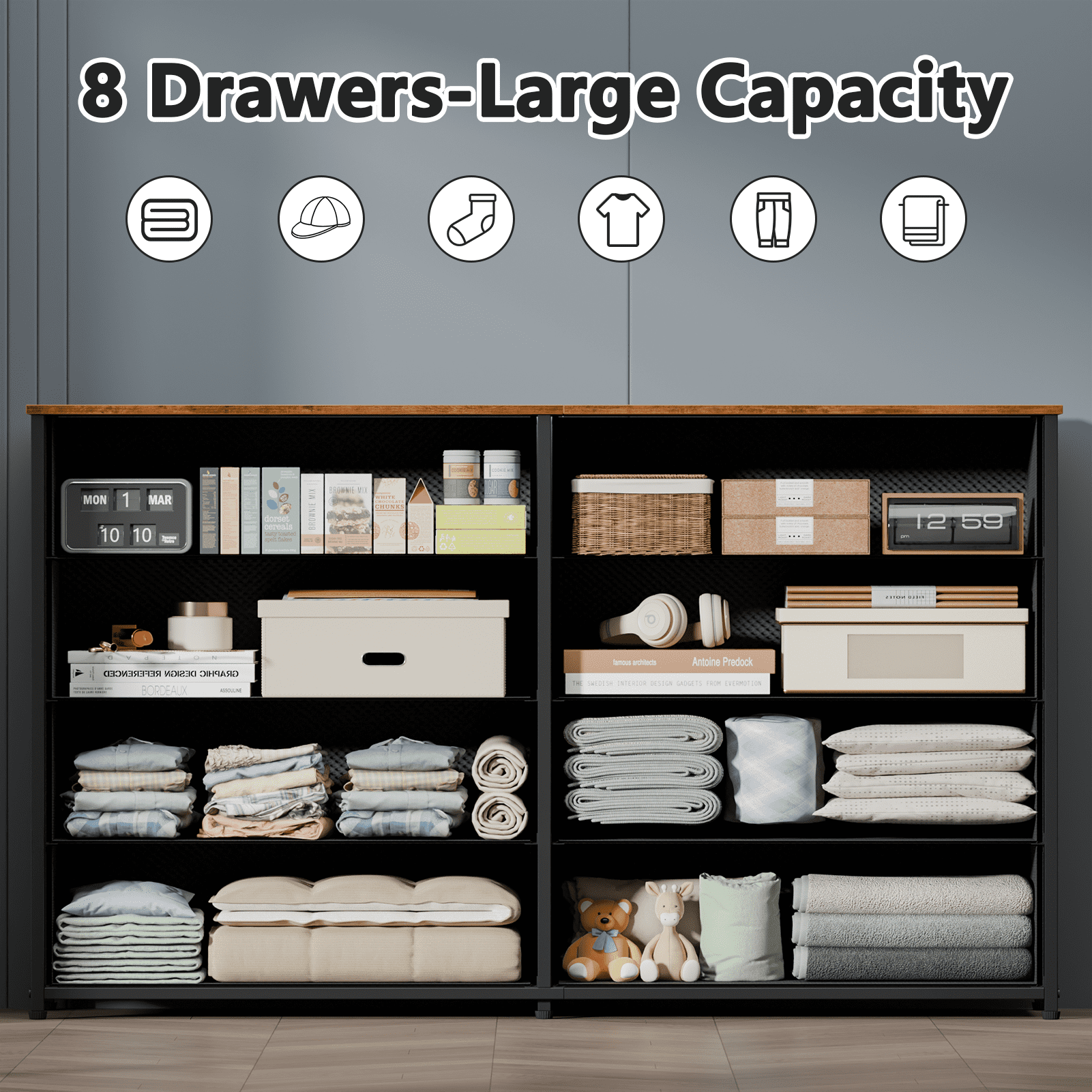 Tydimor 8 Fabric Drawers Dressers for Bedroom Wide Dresser TV Stand for 55" TVs, Chest of Drawers,Rustic Brown