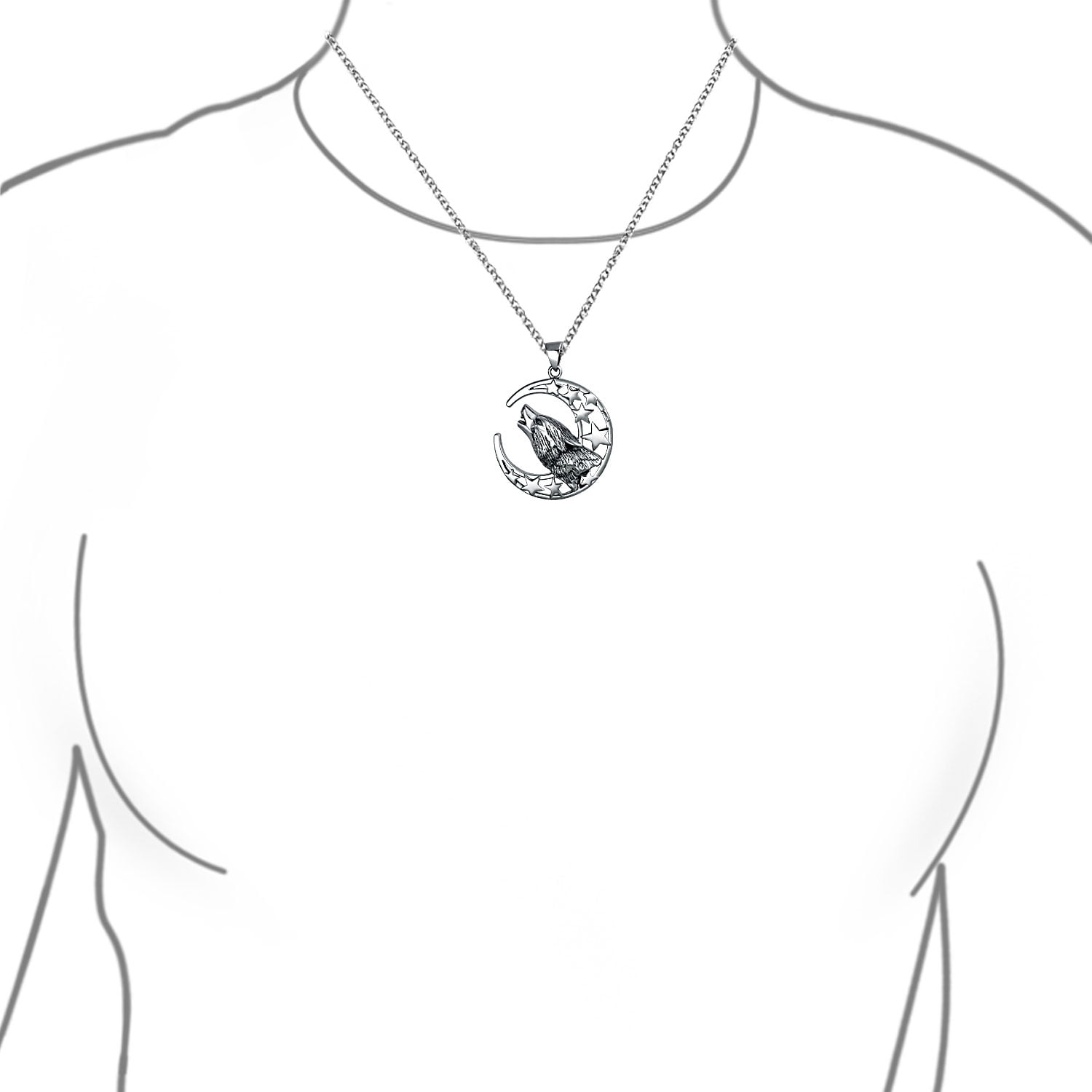 WithLoveSilver 925 Sterling Silver Howling Wolf Totem Pendant | Crescent Moon & Stars Design | Amulet Necklace - View #6