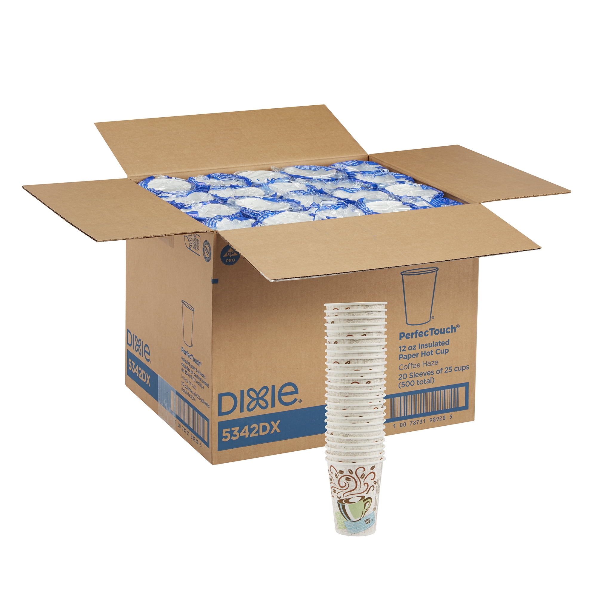 Dixie® PerfecTouch® (5342DX) 12 oz. Insulated Paper Hot Coffee Cup by GP PRO (Georgia-Pacific), Fits Large Lids, Coffee Haze, 20 Sleeves of 25 Cups (500 Cups Total)