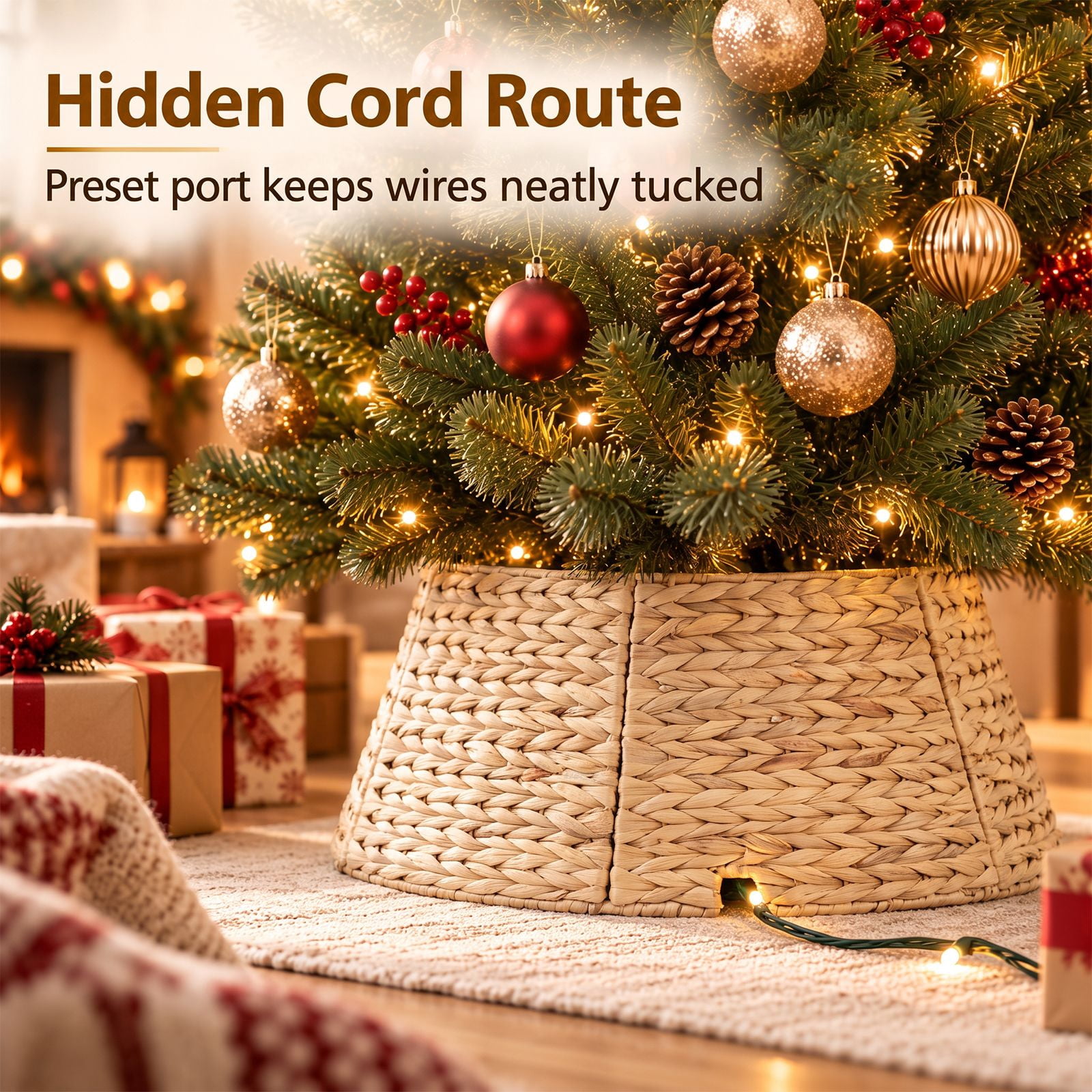 Alvantor Christmas Tree Collar, Woven Rattan Stand Cover with Cord Port, Yellow 36IN