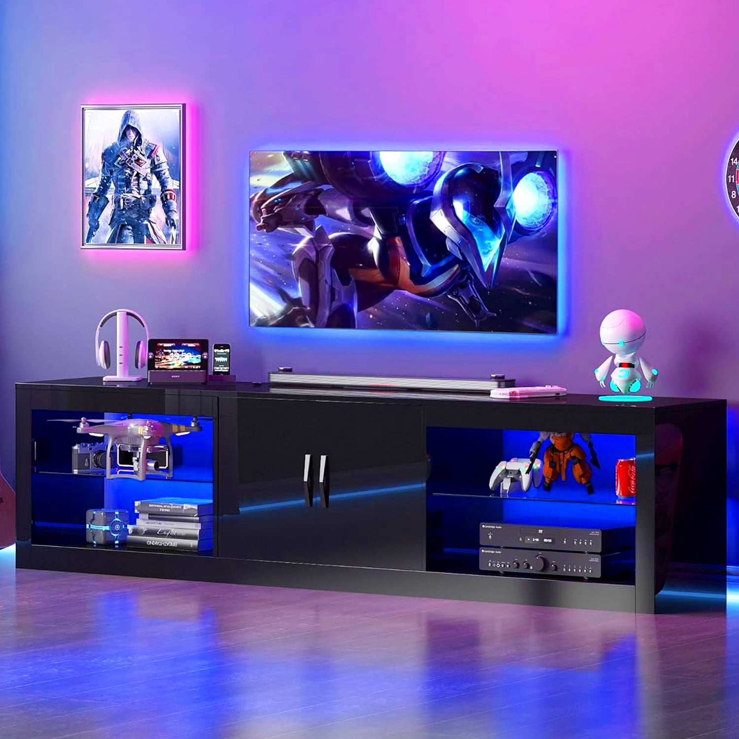 ChVans Large LED TV Stand for 75/85" TV with Power Outlets, Living Room Entertainment Center with Storage Drawers&Cabinets Furniture, Black High Gloss TV Cabinet Console Table-70.9"