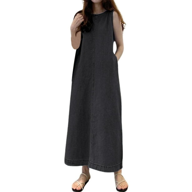 Vestido largo bohemio sin mangas con bolsillos para mujer - Cuello redondo, corte holgado con bolsillos amplios, estilo boho para climas cálidos.