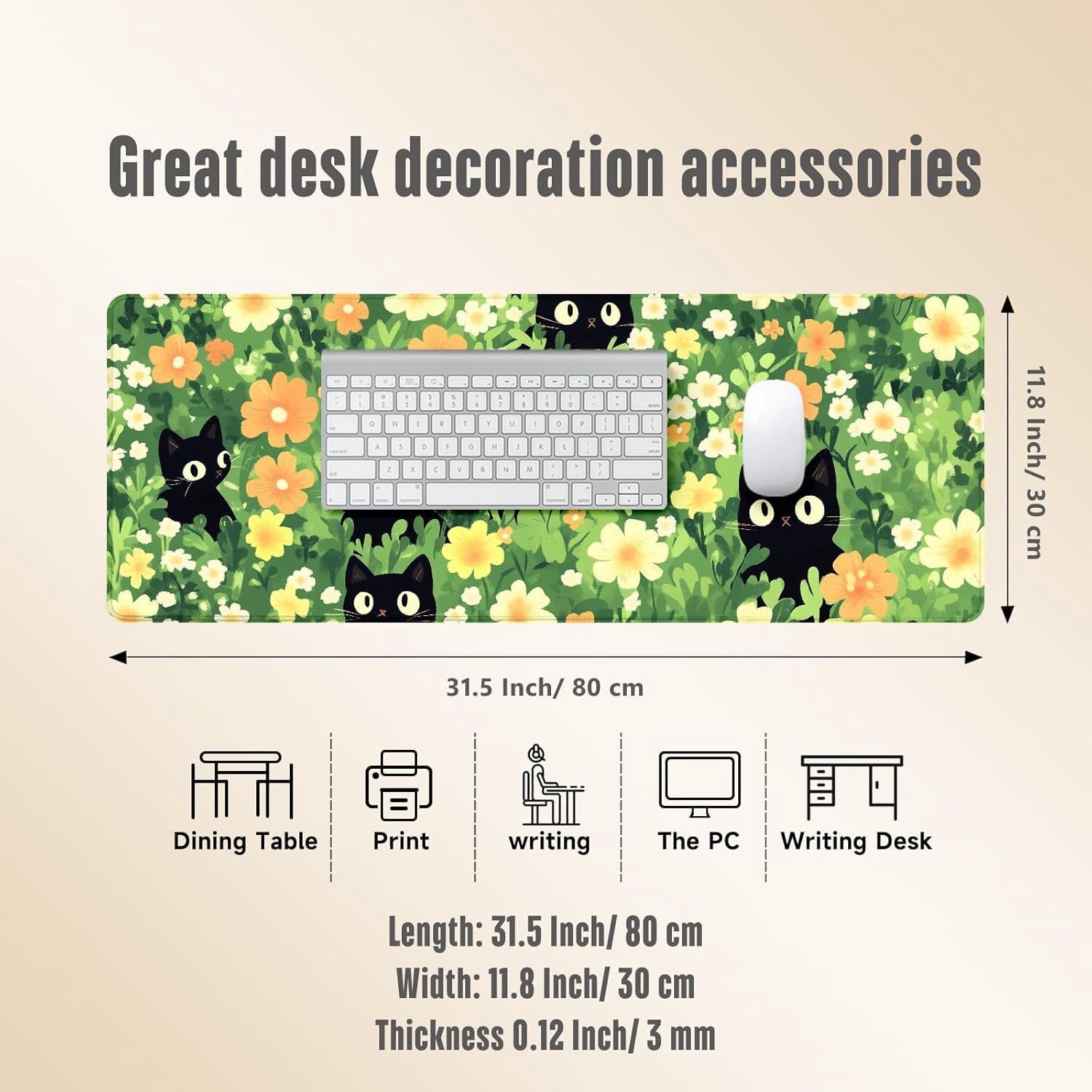 Extended Gaming Mouse Pad, Large Mouse Mat 3 mm Nature Rubber Base Mousepad with Stitched Edges, Non-Slip Desk Mat for Office Home Great Gift 31.5x11.8 Inch (Green Cats)