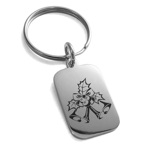Stainless Steel Christmas Bells and Holly Engraved Small Rectangle Dog Tag Charm Keychain Keyring
