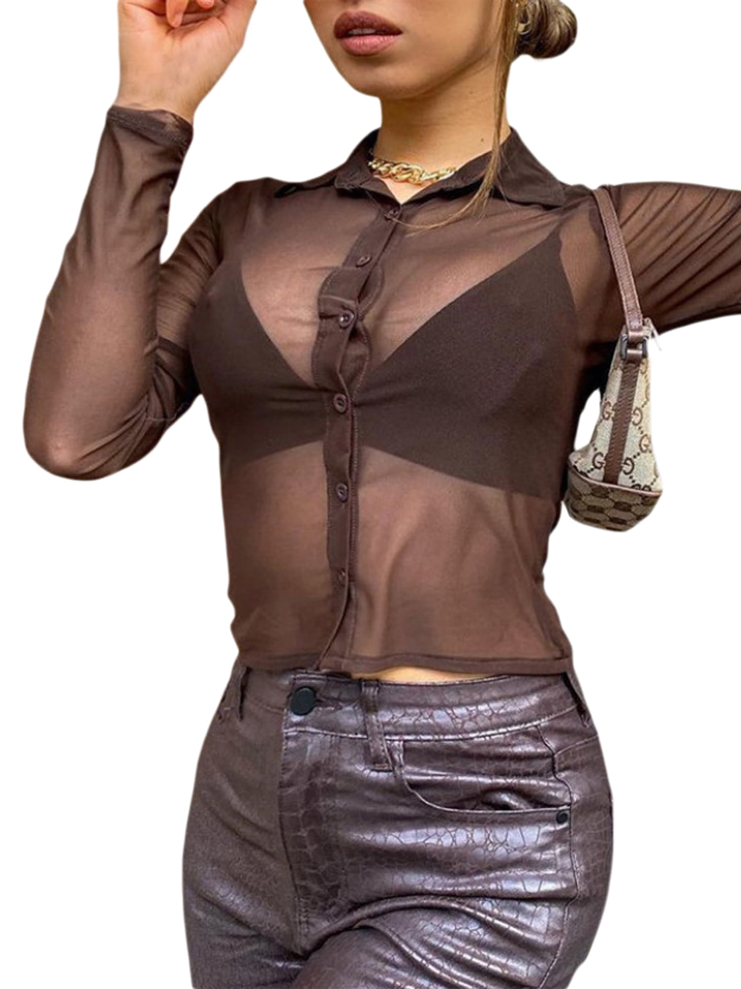 women's see through button up