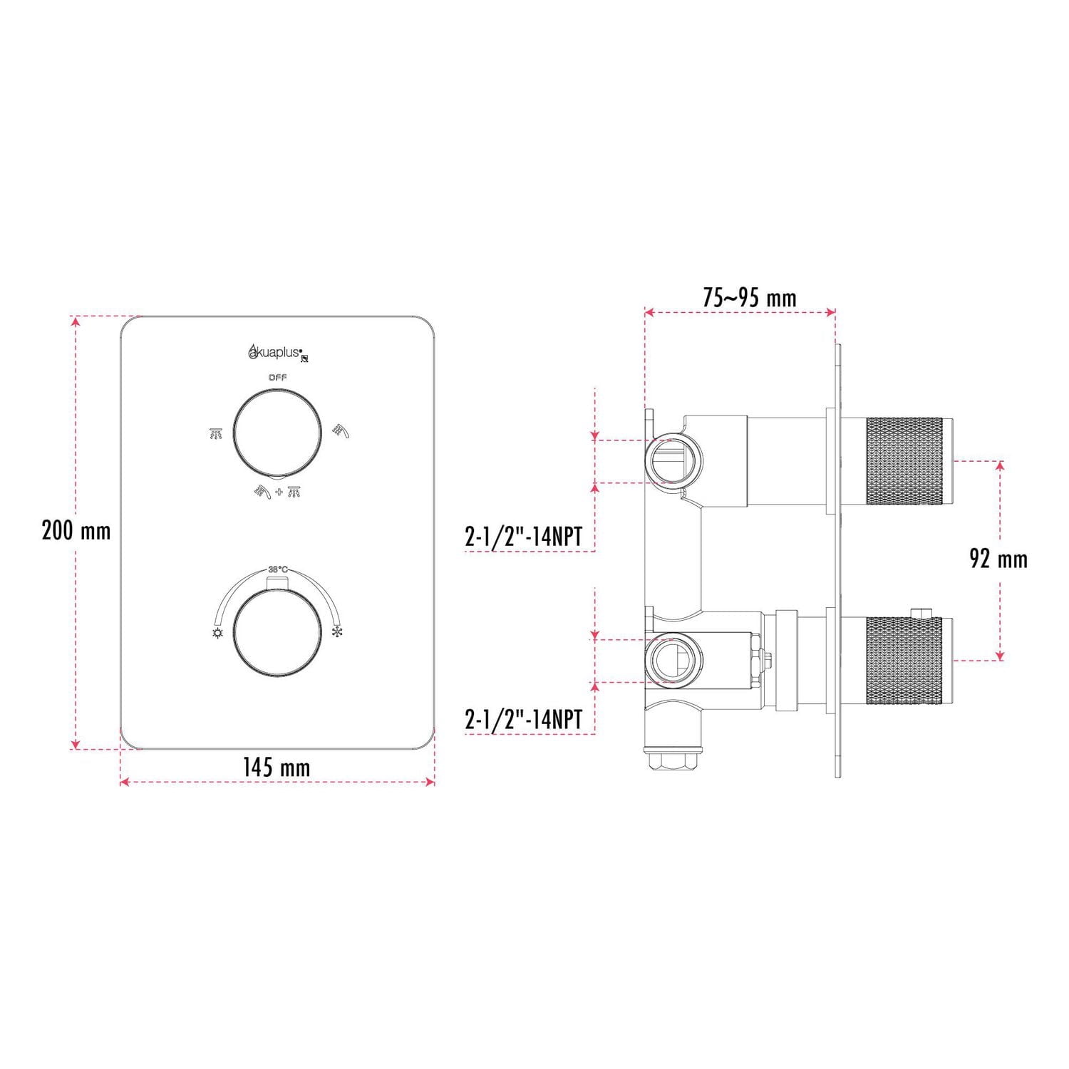 Valve thermostatique carrée avec déviateur à 4 voies d'Akuaplus®. 2 douchettes magnétiques, pouvant être utilisées simultanément. Douchette magnétique à 3 réglages avec bouton poussoir et pommeau de d