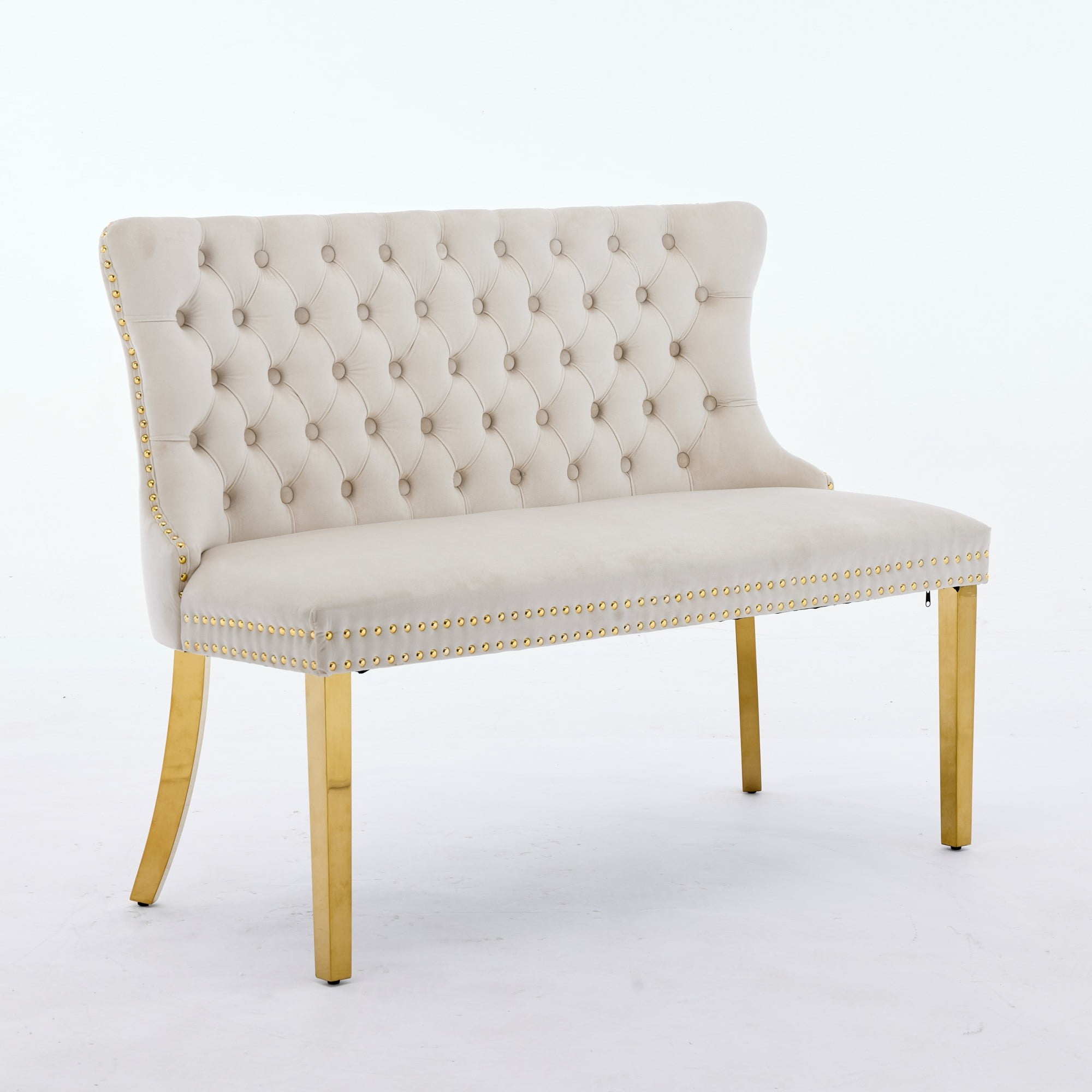 Velvet Double Dining Loveseat Bench, Kitchen & Dining Seating, 2-Seat Tufted Bench w/Handmade Buttons, Wing Back, Gold-Plated Steel Legs, Mid Century Modern,Single Pack (Beige)