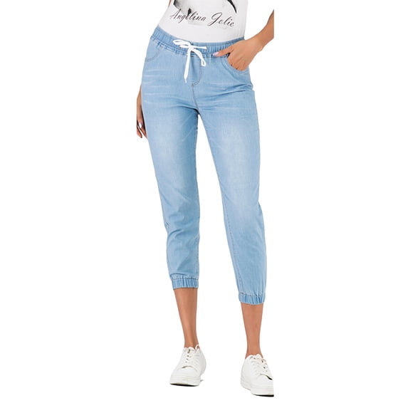 Sedceaty Women' s Mid Rise Skinny Jeans Drawstring Elastic Waist Denim Pants Female Casual Jeans