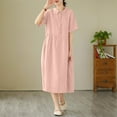 thumbnail image 4 of Bocqde Robes en Coton et Lin pour Femmes Mode Décontractée Unie à Manches Courtes Robe à Col à Revers Été Ample Plissée Robe de Plage, 4 of 7