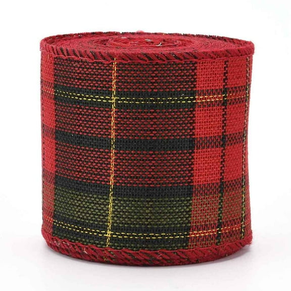 2Roll Polyester Imitation Linen Ribbon Linen Wired Edge Ribbon Tartan Pattern for DIY Crafts Christmas Wedding Home Decoration Red