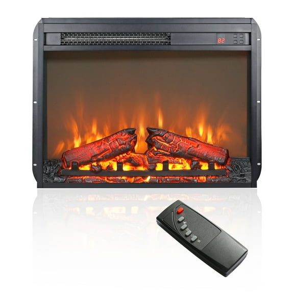 Enyopro 23 Inch Electric Fireplace Insert, 1400W Ultra Thin Heater with Log Set & Realistic Flame, Remote Control with Timer, Overheating Protection, CSA Certified, Antique Black