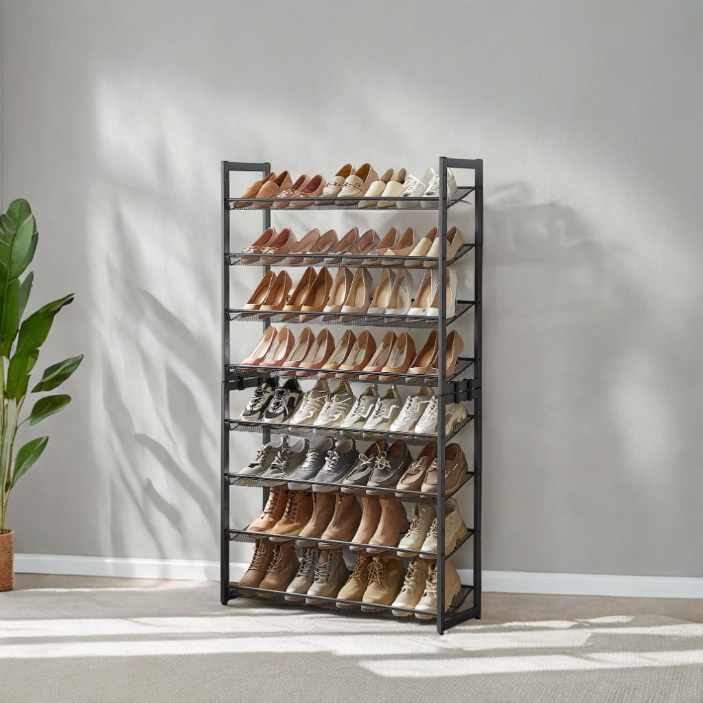 Shoe Rack, 8-Tier Shoe Organizer, Metal Shoe Storage, Entryway, Set of 2, 4-Tier Stackable Shoe Shelf, with Adjustable Flat or Angled Shelves