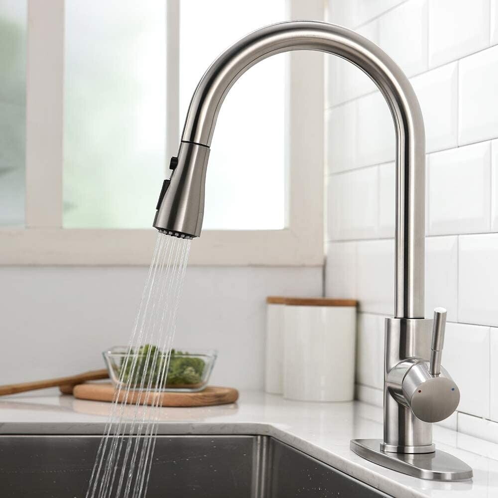 Zovajonia Kitchen Sink Faucet  Pull Down Sprayer with Cover&Soap Dispenser Sink Faucet Brushed Nickel